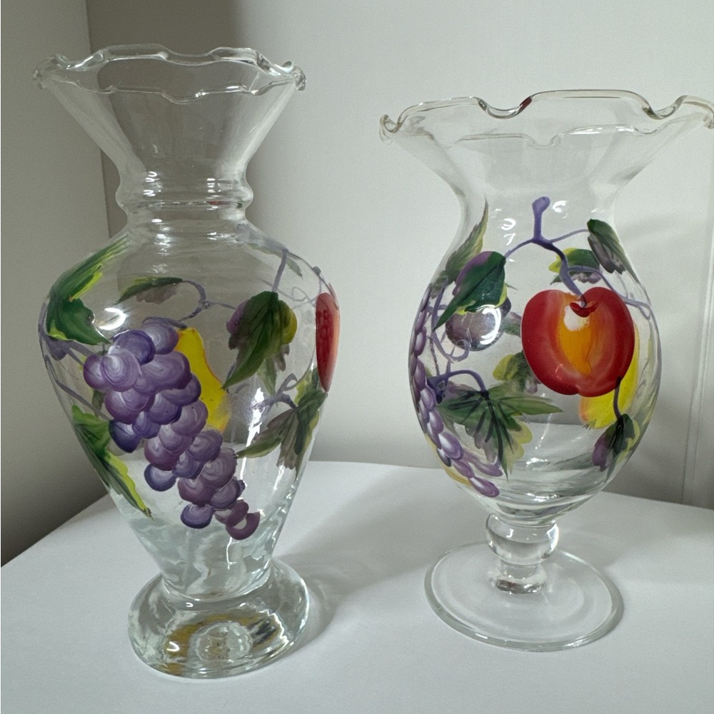 Tracey Porter Pair of Hand-Painted Glass Vases with Fruit Design (2-P)